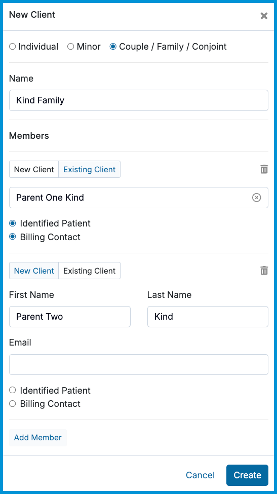 The New Client pop-up window in Sessions Health with Couple / Family / Conjoint selected, showing fields to enter group chart and member details.