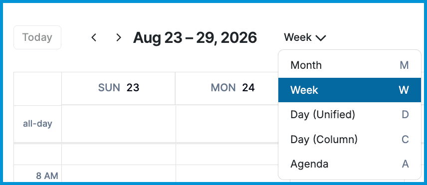 Expanded calendar view dropdown menu displaying options for Month (M), Week (W), Day (Unified) (D), Day (Column) (C), and Agenda (A) along with keyboard shortcuts.