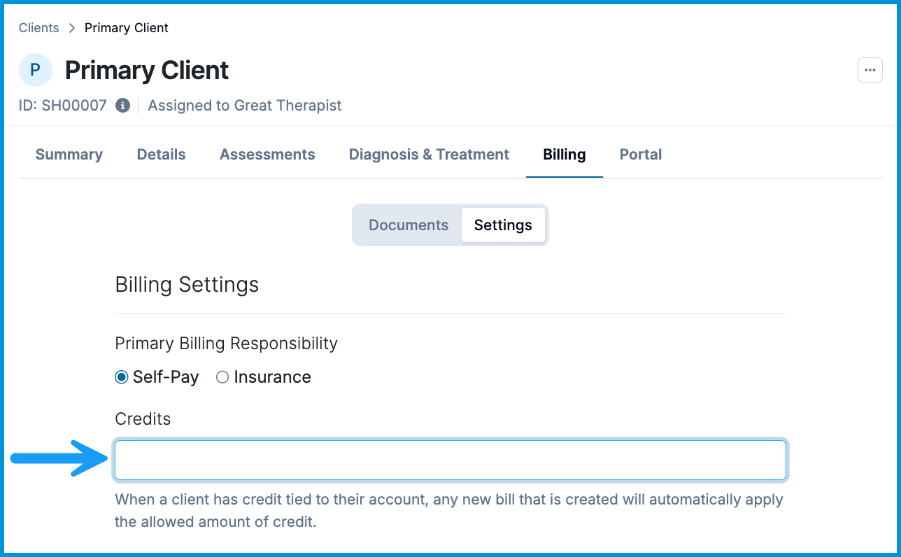 A client's Billing Settings page with a blue arrow pointing to the Credits field under the Credits section.