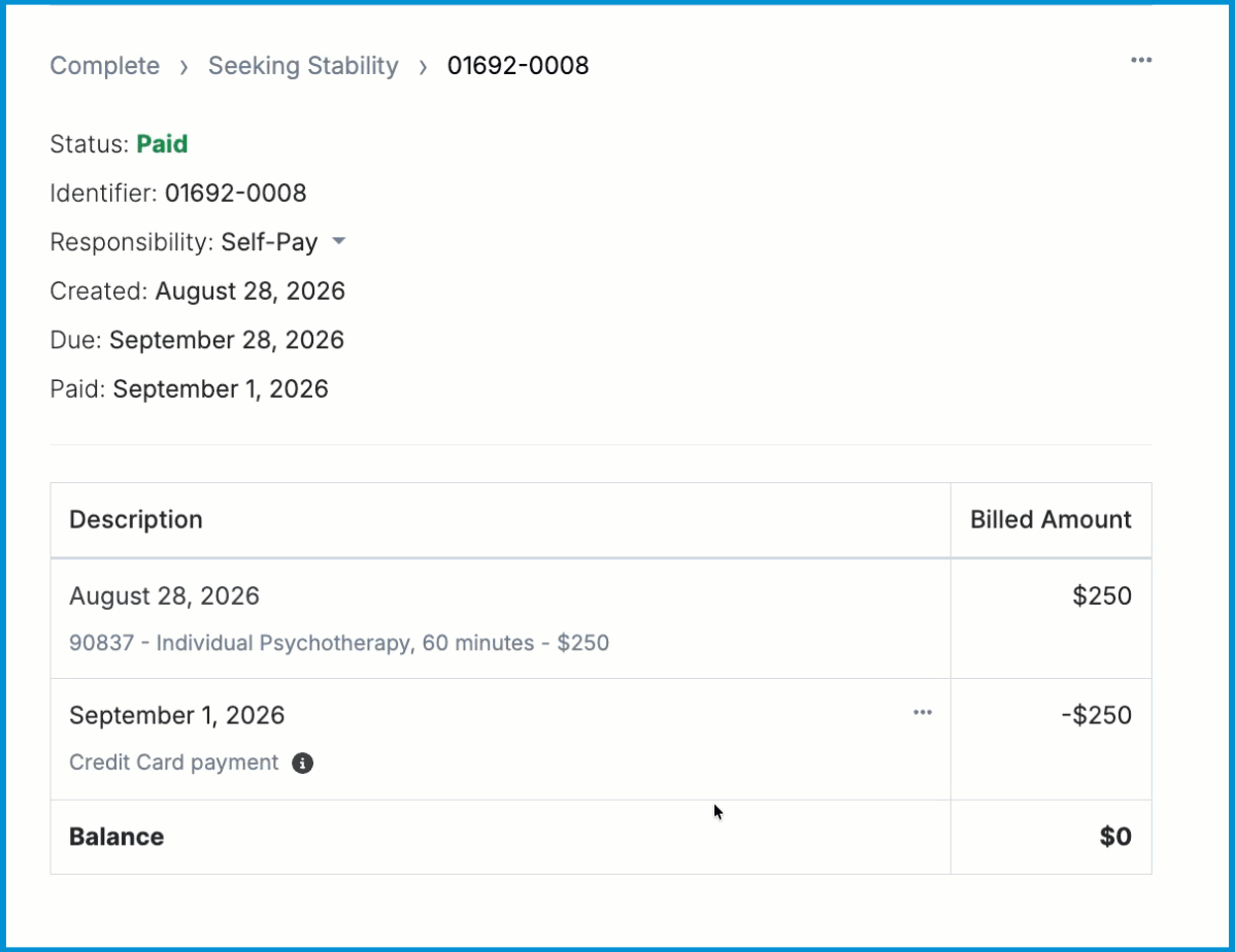 An animated GIF showing a user opening the payment menu on a bill, selecting Refund, configuring the refund modal options, and processing a credit card refund.