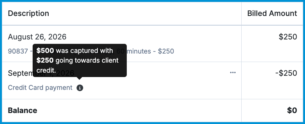 A bill payment line item with an active tooltip showing the captured payment amount and the portion applied to client credit.