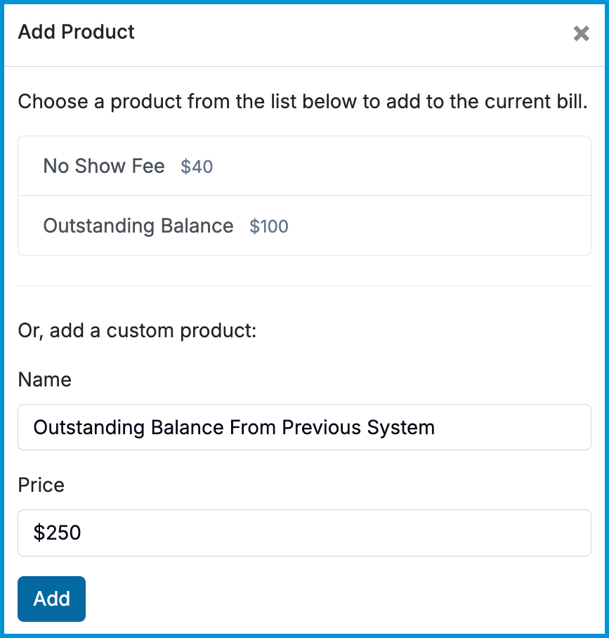 Sessions Health Add Product pop-up modal displaying a list of pre-saved products alongside text fields for custom product Name and Price.