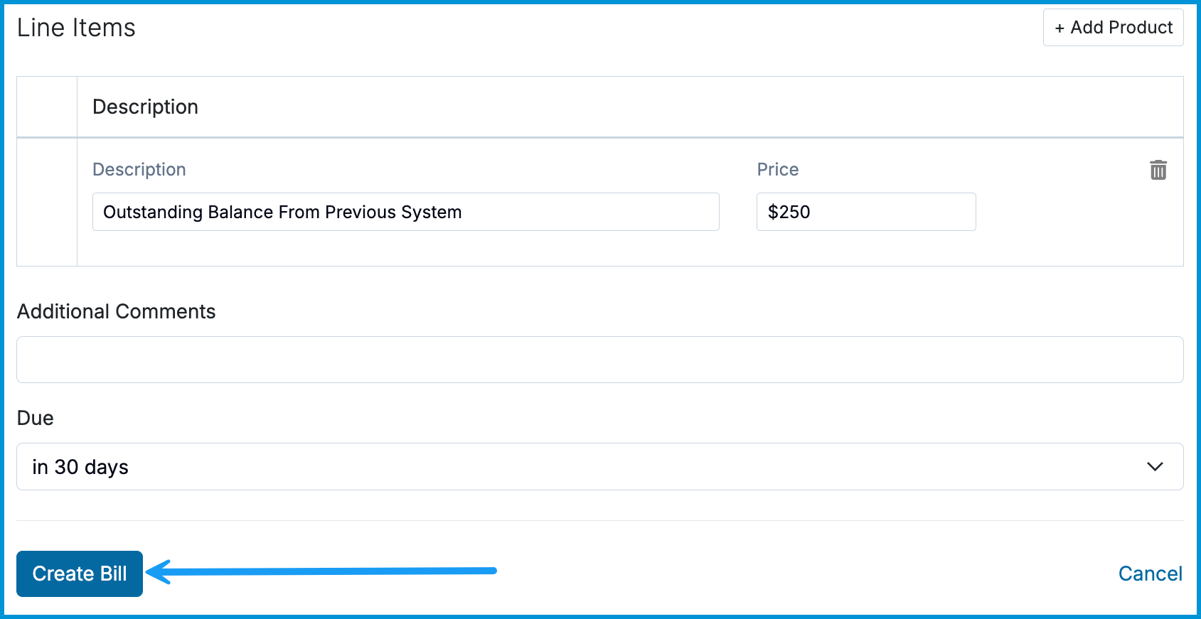 Sessions Health bill creation form showing line item details, due date options, and the Create Bill button.