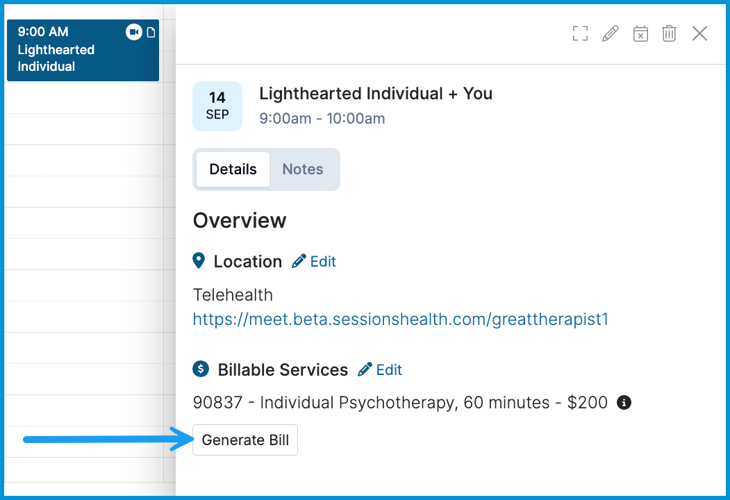 Sessions Health appointment flyout card displaying session details with a blue arrow pointing to the Generate Bill button under Billable Services.