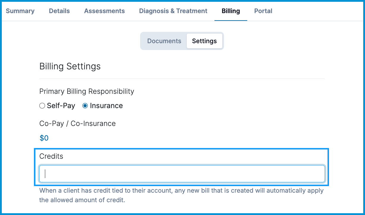 Sessions Health client chart Billing Settings tab with a blue box highlighting the Credits field.