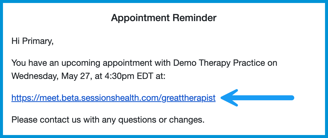 Email appointment reminder showing a link to the telehealth waiting room with a blue arrow pointing to the meeting URL.