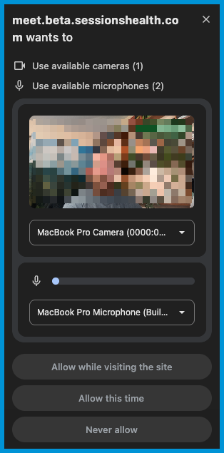 Web browser popup prompt requesting permission to access camera and microphone with options to allow access.