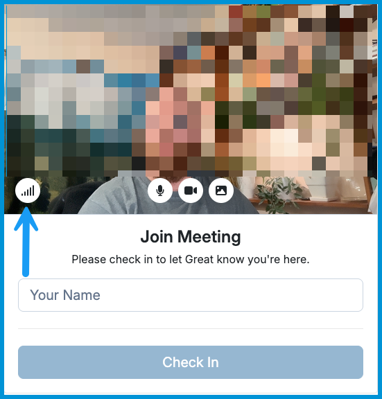 Join Meeting check-in screen with a blue arrow pointing to the Network Test icon on the bottom-left corner of the video preview.