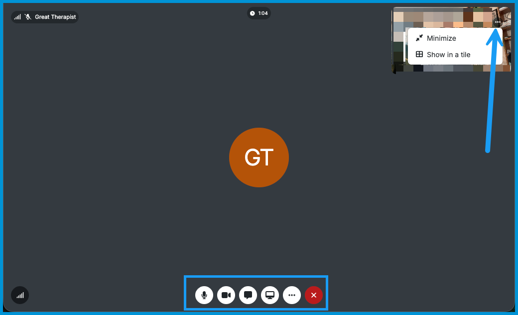 Active telehealth video call screen with a highlighted blue box around the call controls at the bottom and a blue arrow pointing to the self-view tile menu in the top-right corner.