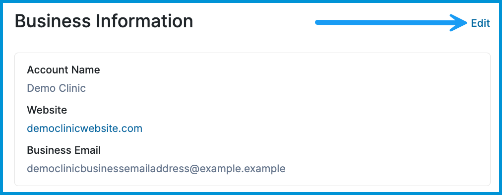 Business Information panel in Account Settings displaying Account Name and Business Email fields.