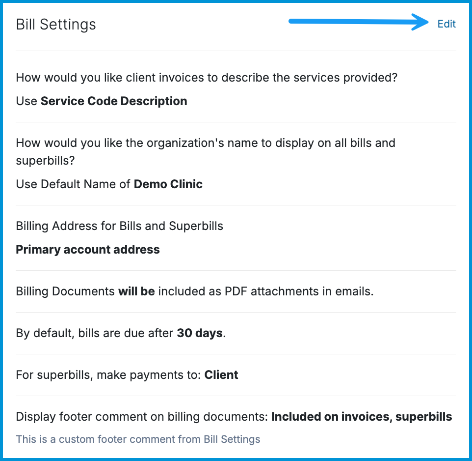 Edit Bill Settings modal window displaying display name, address, and payment assignment options.