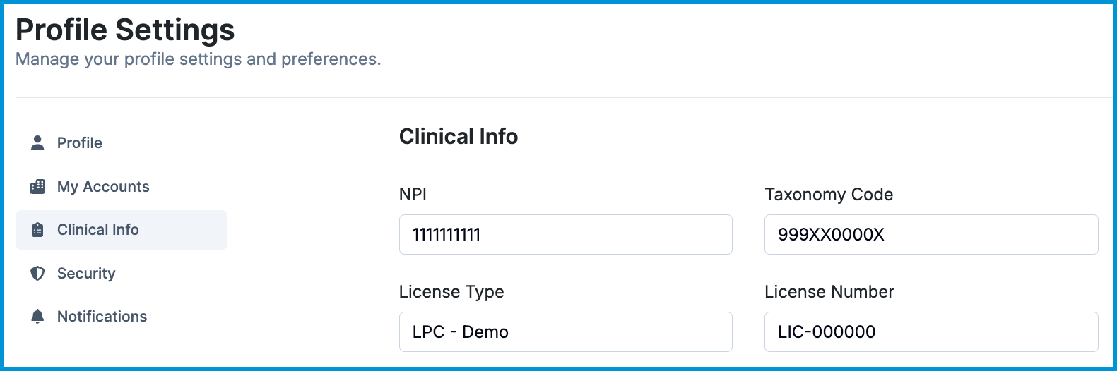 Practitioner Profile Clinical Info tab displaying NPI, Taxonomy Code, License Type, and License Number fields.