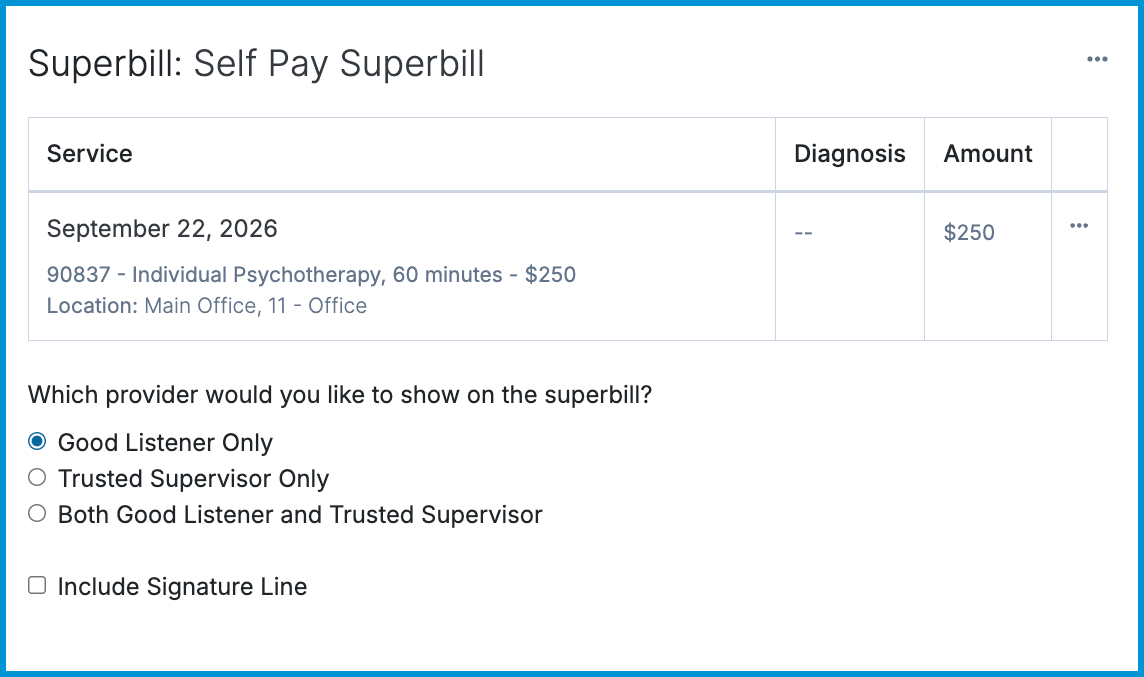 Superbill creation window showing options to display the supervisee, supervisor, or both providers.