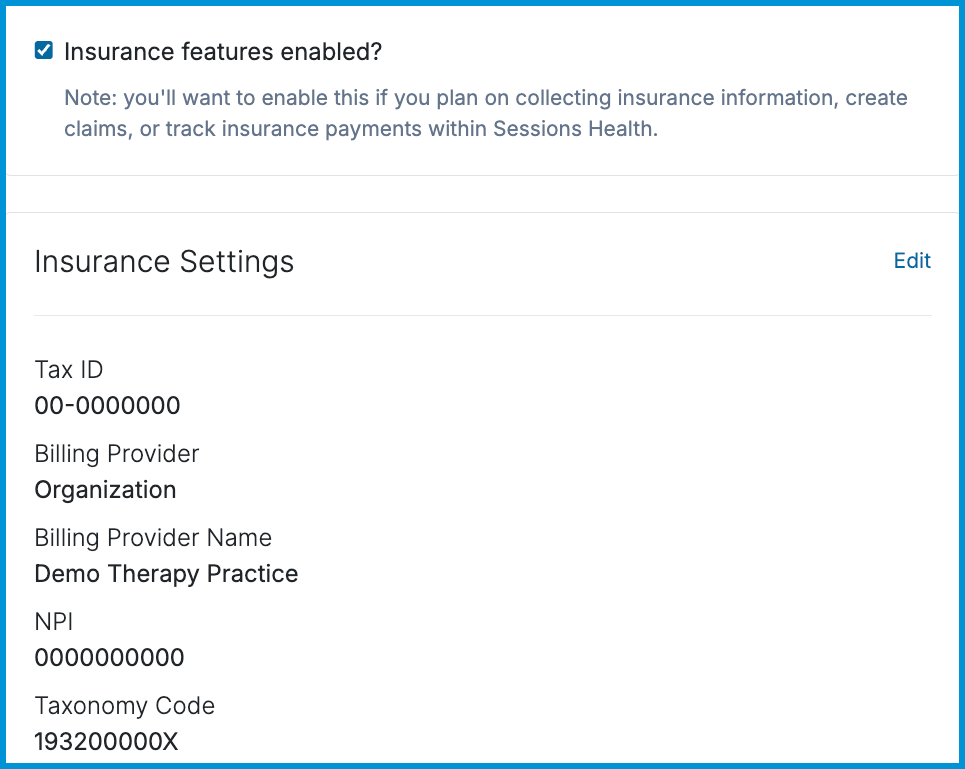 Insurance Settings panel in Billing Settings displaying enabled insurance checkbox, Tax ID, billing provider info, NPI, and taxonomy code.