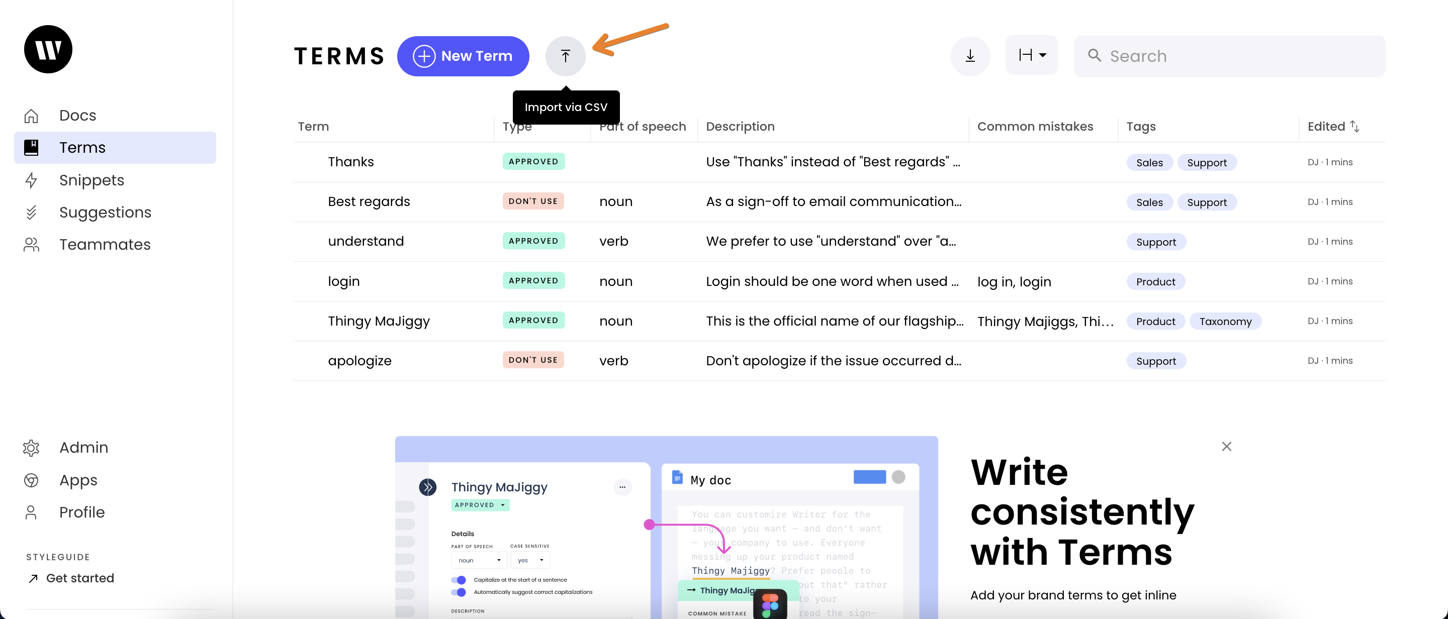 Importing terms - Writer Help Center