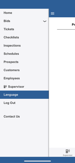 Mobile app menu with Language highlighted