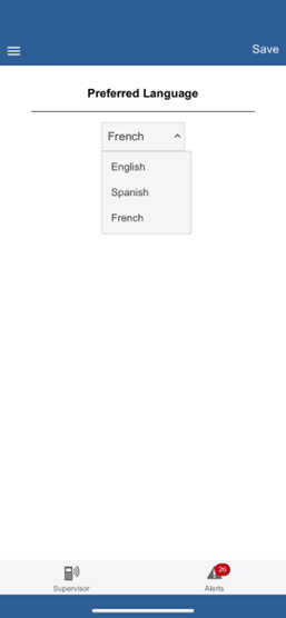 Preferred Language screen with French selected and English, Spanish and French in the list