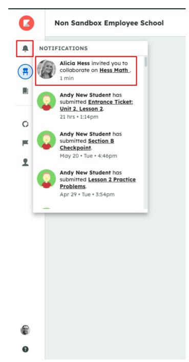 A notification from Alicia Hess about an invitation to collaborate.