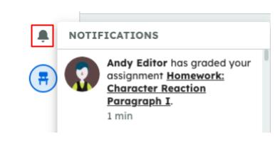 A notification shows an assignment graded with the text