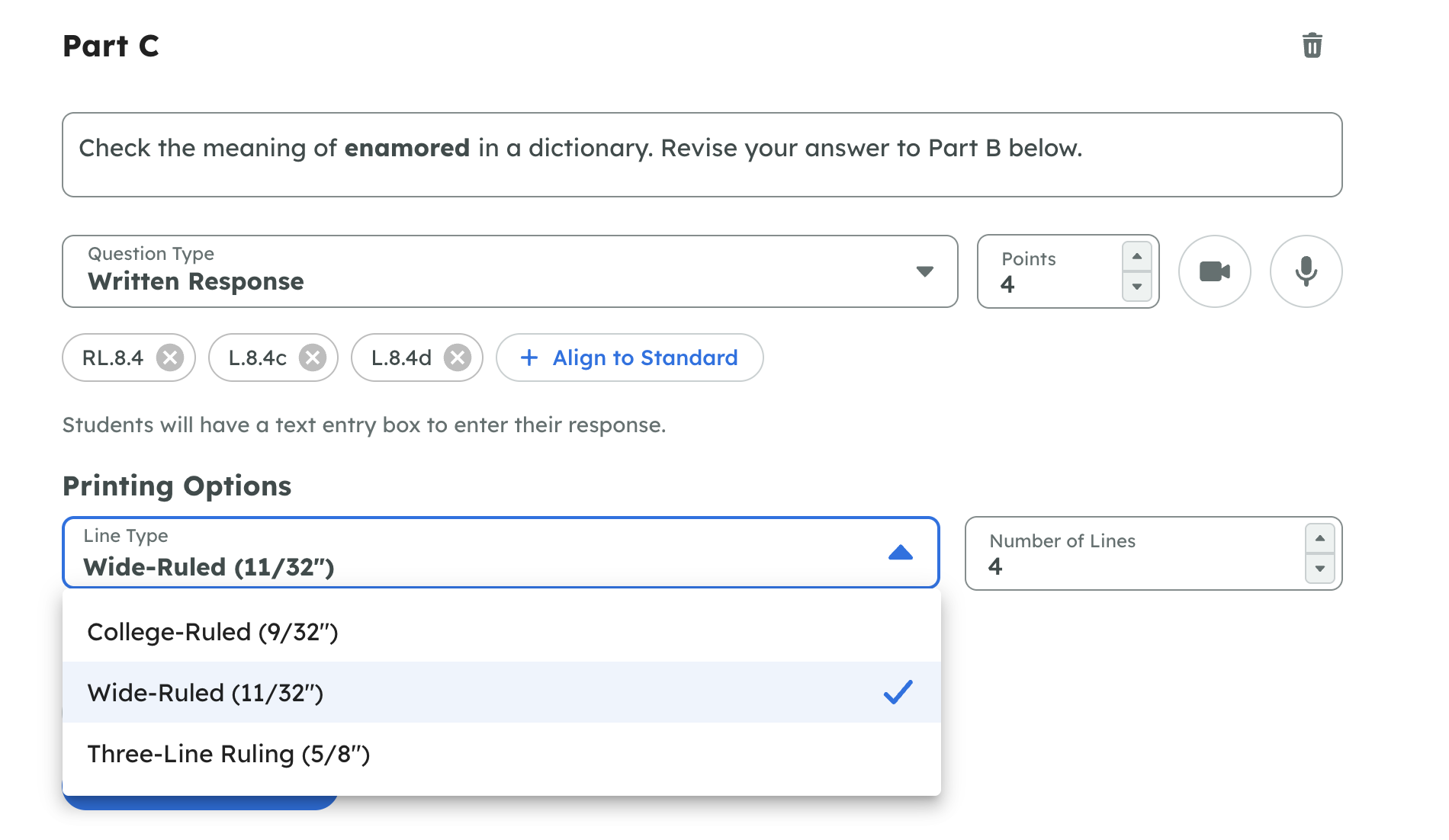A dropdown menu shows different line types under “Printing Options” with “Wide-Ruled (11/32”)” selected.