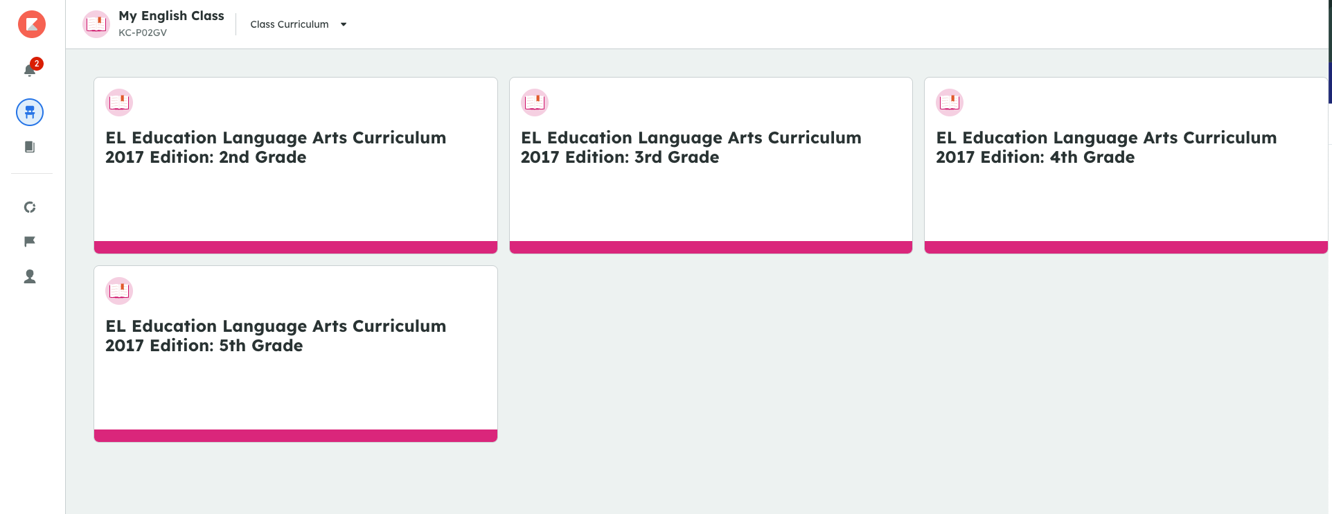 Dashboard showing four curricula attached to a class for EL Education Language Arts Curriculum, grades 2–5.