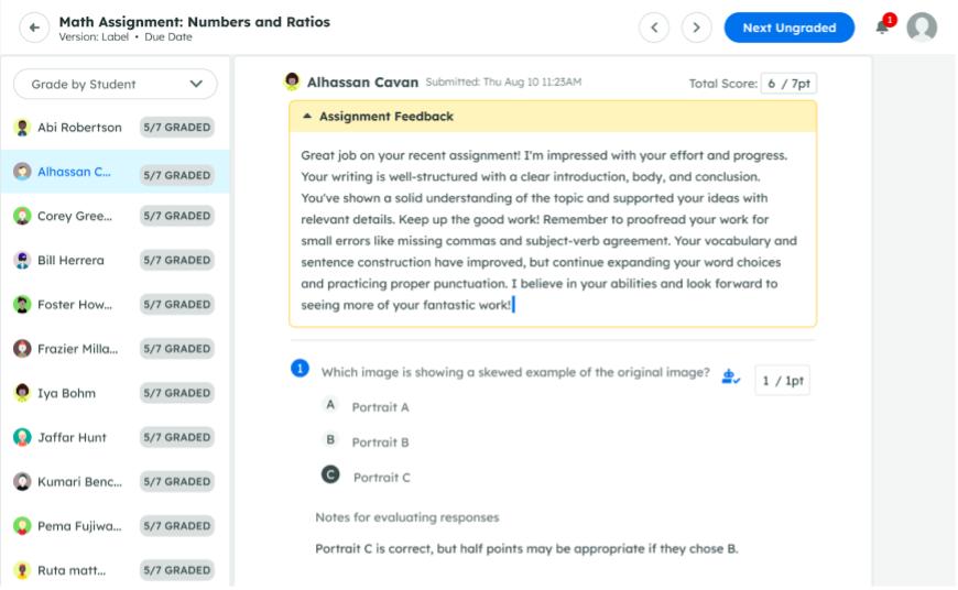 Teacher giving positive feedback on a student's math assignment while viewing portrait options.