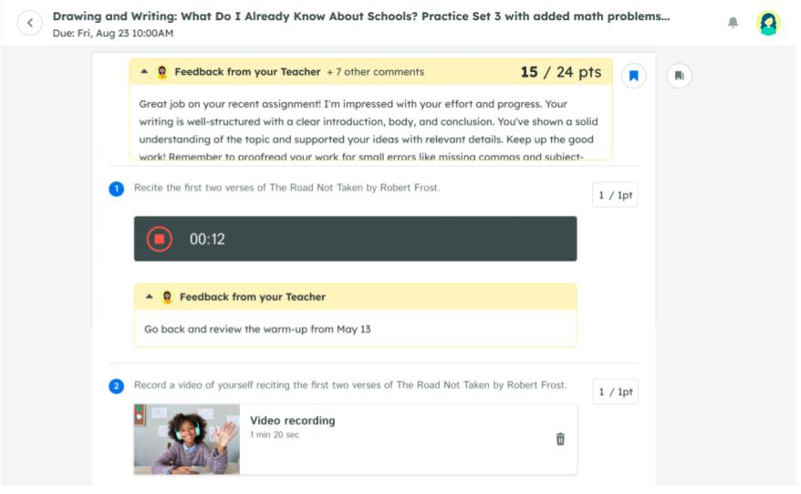 Student assignment page with teacher feedback and sections for submitting audio and video recordings.