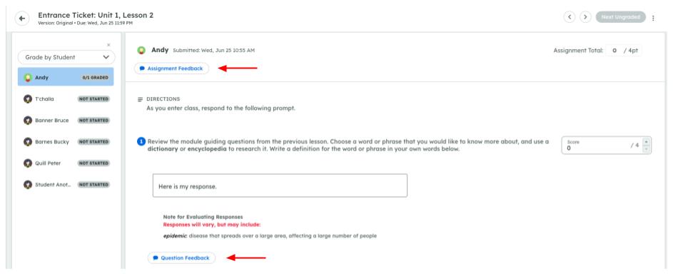 Assignment feedback screen showing a question. Arrows are pointing to the two places a teacher can leave feedback: Assignment Feedback and Question Feedback.