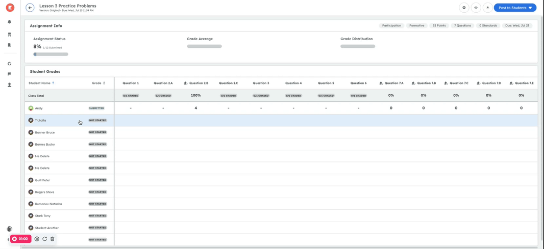 An animation showing an assignment in grading mode with AI-suggested feedback and Auto-graded answers.