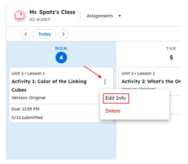 A dropdown menu shows “Edit Info” and “Delete” options for an assignment in an online class dashboard.