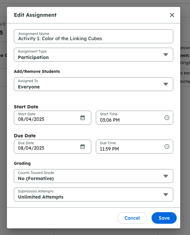 Edit Assignment window with fields for assignment name, type, students, dates, grading, and save/cancel buttons.