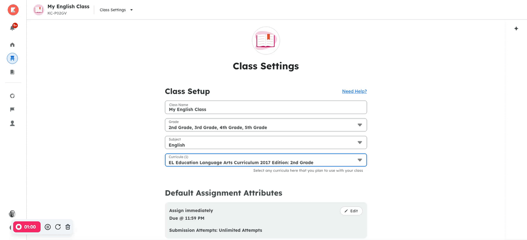 An animation showing the Class Settings page. The teacher clicks on the Curricula drop-down and adds two more curricula to the class. A pop-up indicates that the course has been updated.