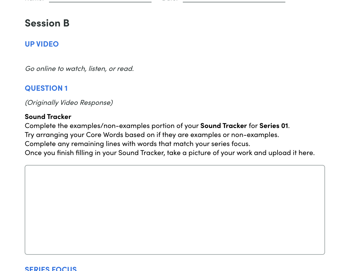 Screenshot of an online worksheet with instructions for completing a Sound Tracker activity for Series 01.