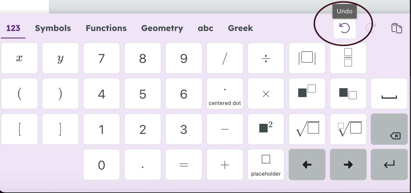 A math keyboard interface with an Undo button highlighted in the upper right corner.