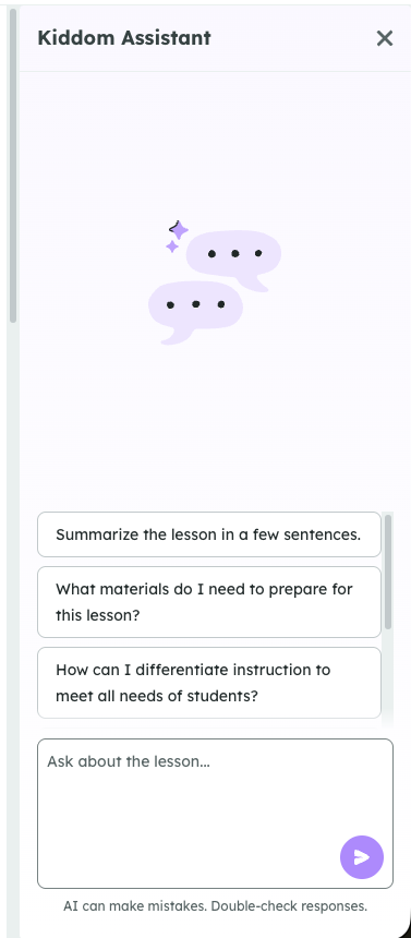 A digital assistant interface with chat bubbles and three lesson-related question prompts.
