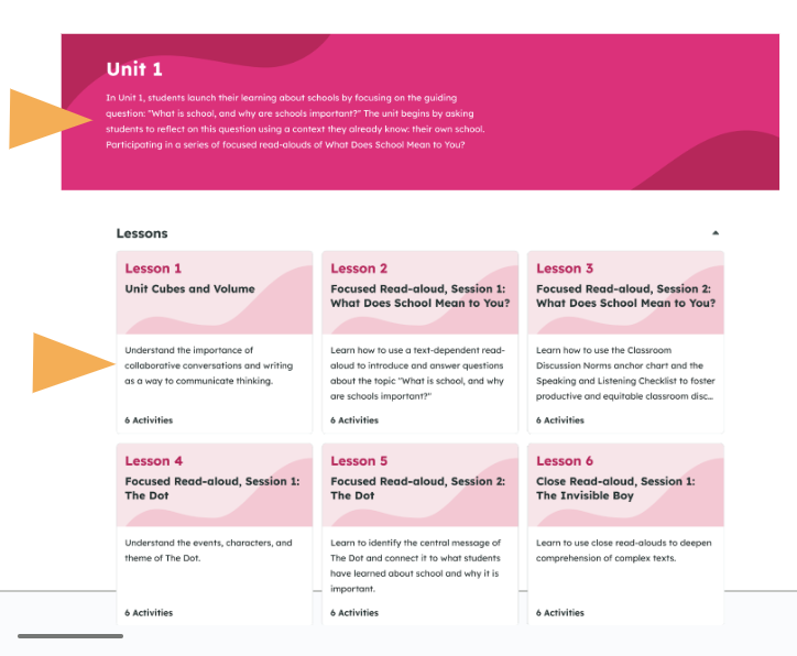Screenshot of a curriculum page showing Unit 1 and a grid of lesson cards. The unit and each lesson contains a quick summary below its title.