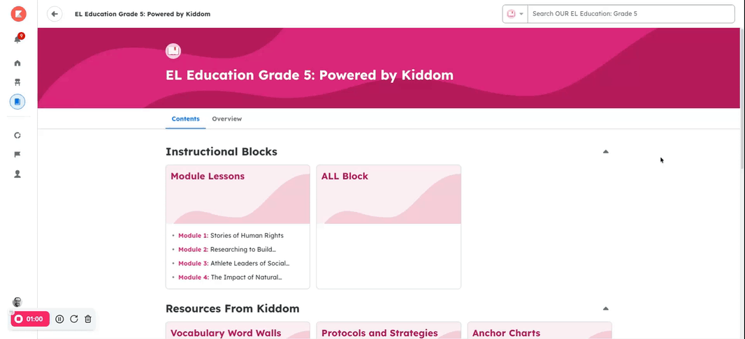 A user navigating a 5th grade ELA course.