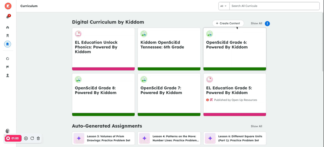An animation showing a user creating a new course by clicking on the Create Content button and selecting the Course icon.
