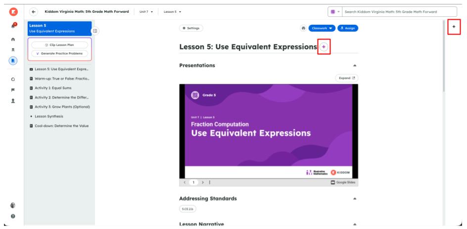 Screenshot of a lesson in Kiddom. The purple diamond icon next to the lesson's title and the gray diamond icon in the right-hand toolbar are highlighted.