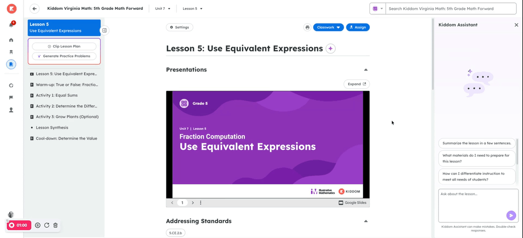 Animation showing a user searching for information with Kiddom Assistant.