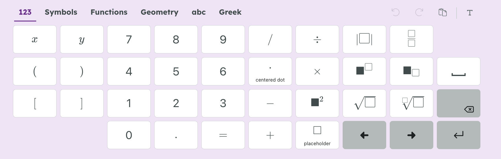 A digital keyboard layout featuring mathematical symbols, numbers, functions, and geometric tools on a purple background.