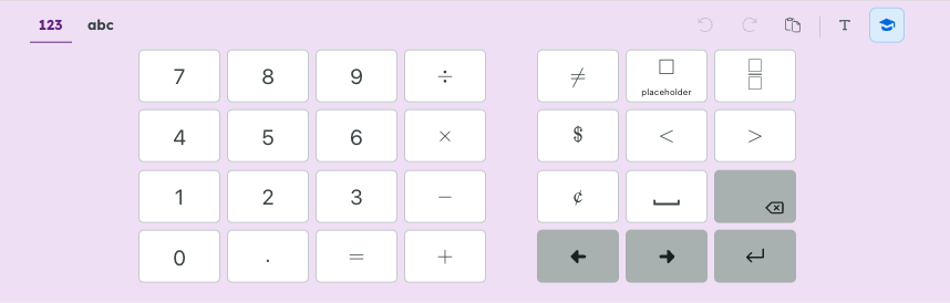 A math keyboard interface with numbers, basic arithmetic operations, and additional function buttons on a pale purple background.