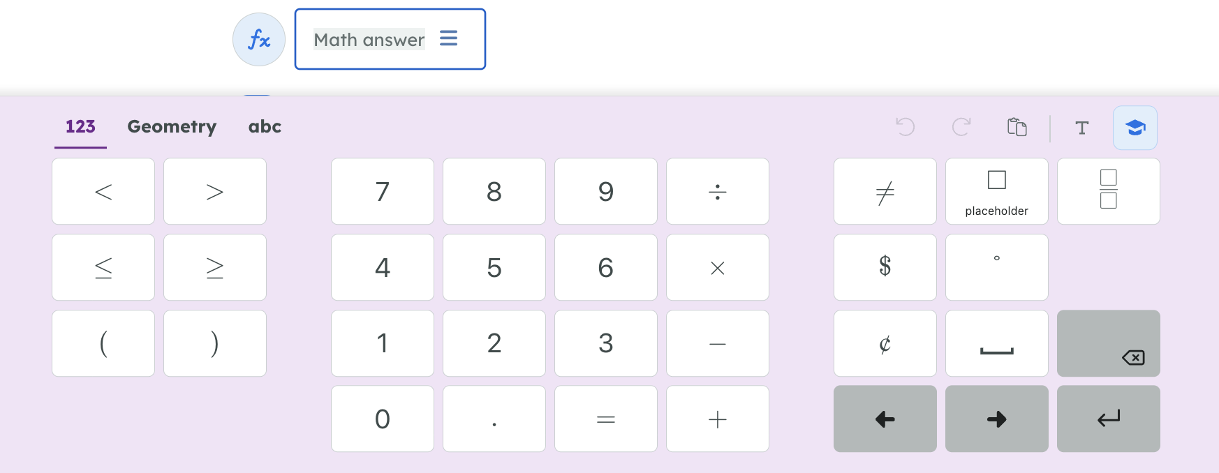 A purple math keyboard interface with number keys, basic math operators, geometry symbols, and special function buttons.