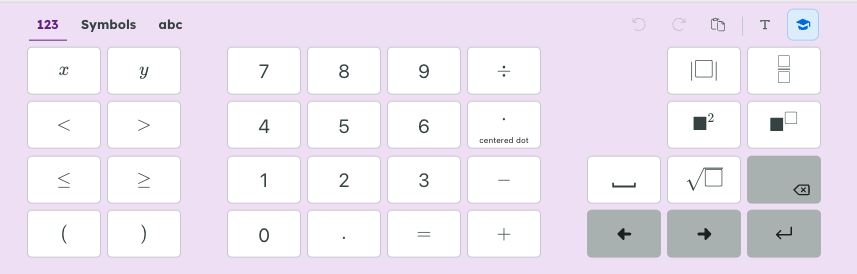 Virtual keyboard showing symbols, numbers, and mathematical operators on a purple background.