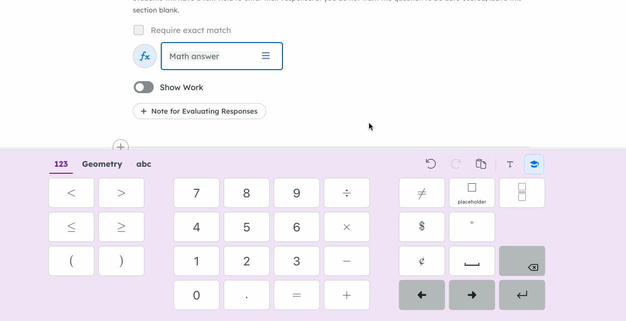 An animation showing a user toggling between Math mode and Text mode by clicking the T button on the Math Keyboard.