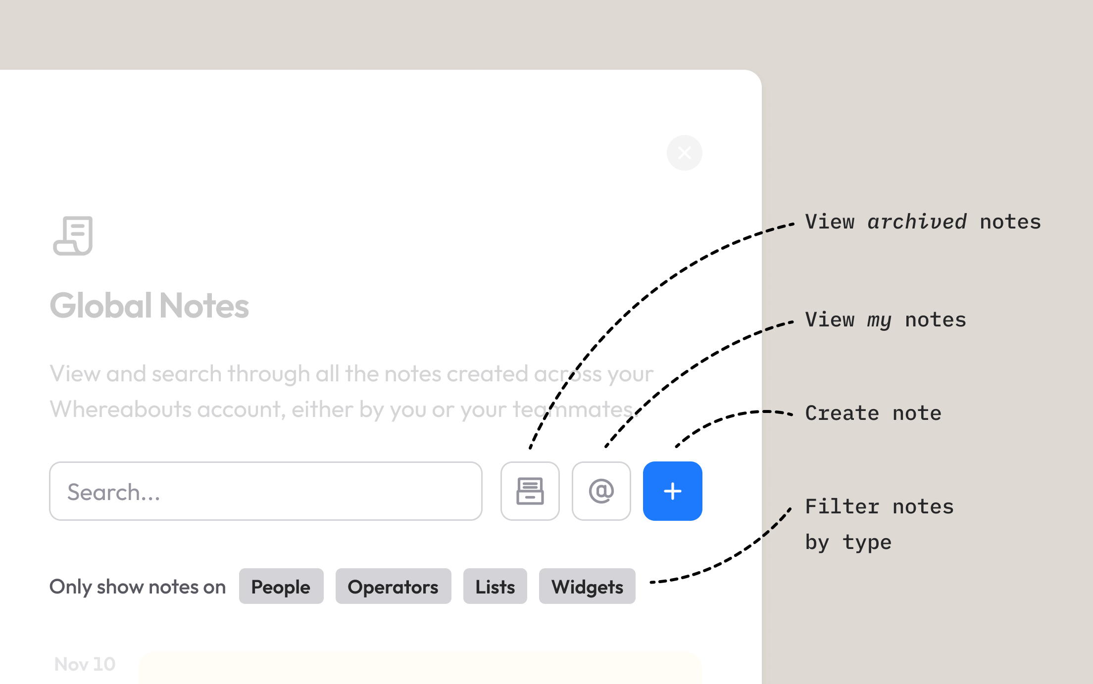 Image of filtering options in the Global Notes slide-out