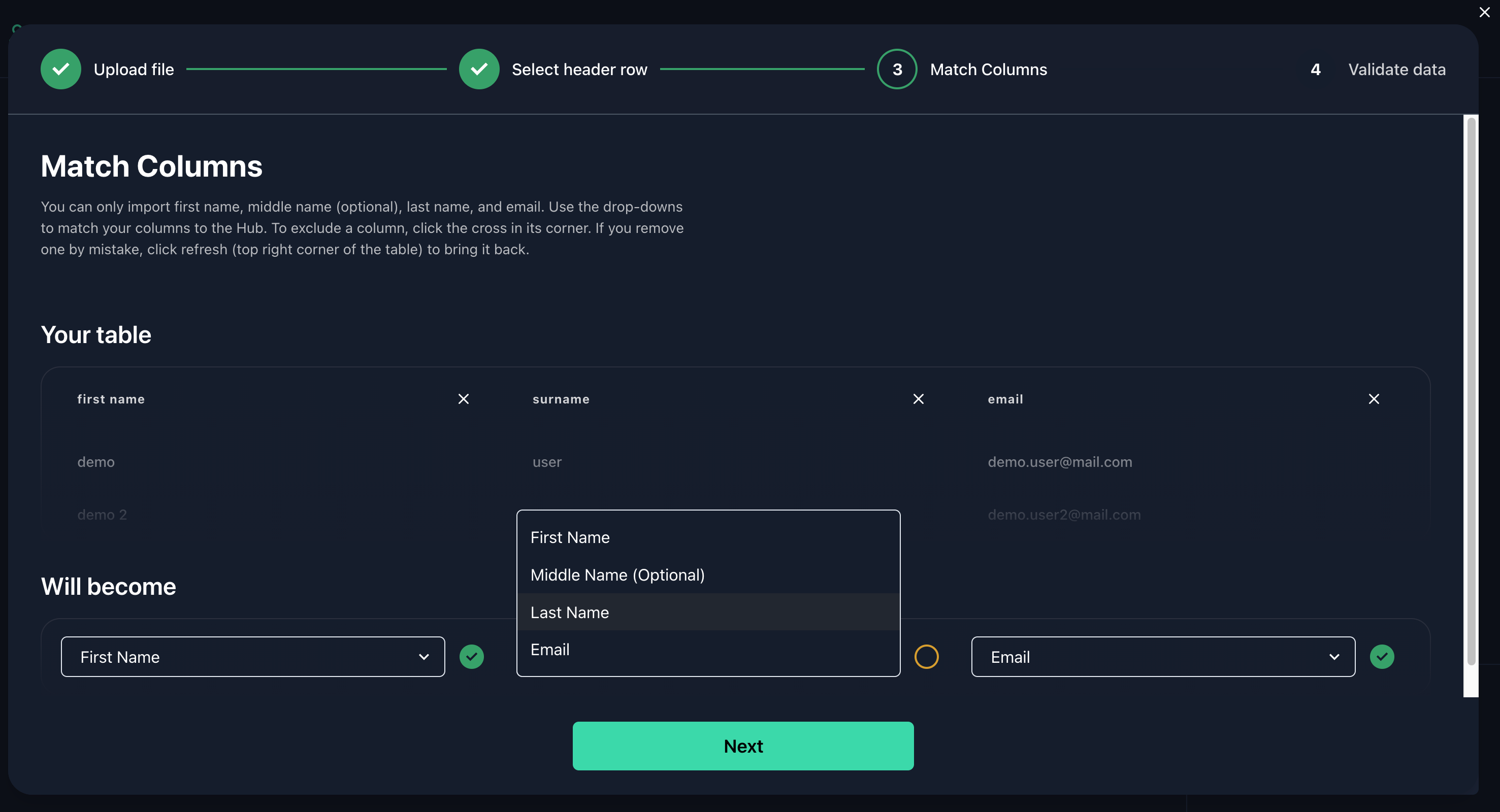 A screenshot of the match columns screen
