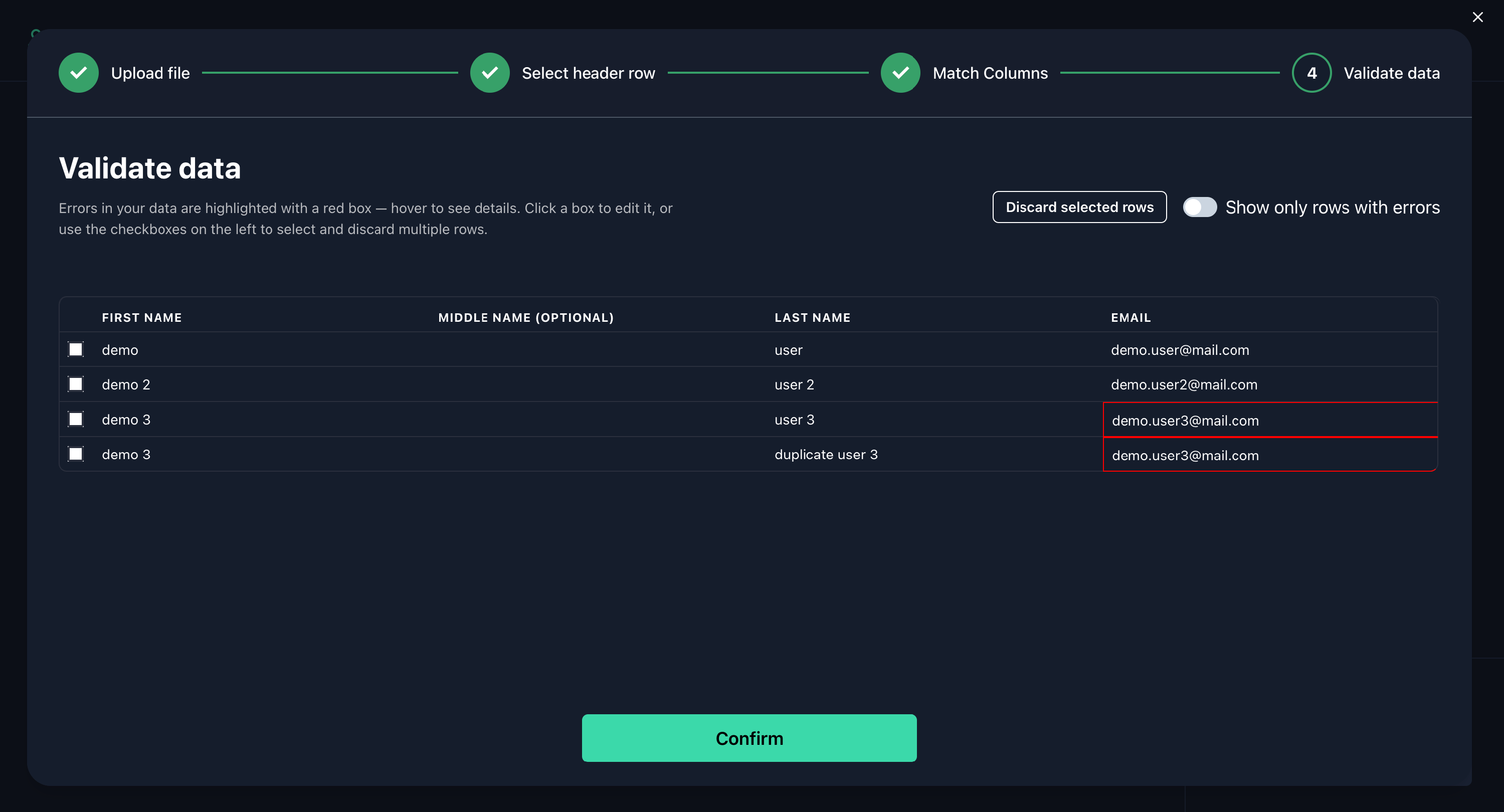 A screenshot of the validate data screen.