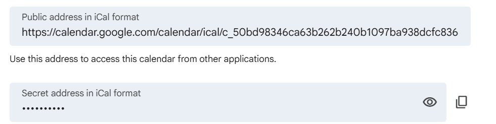Public address in ical and secret address in ical format