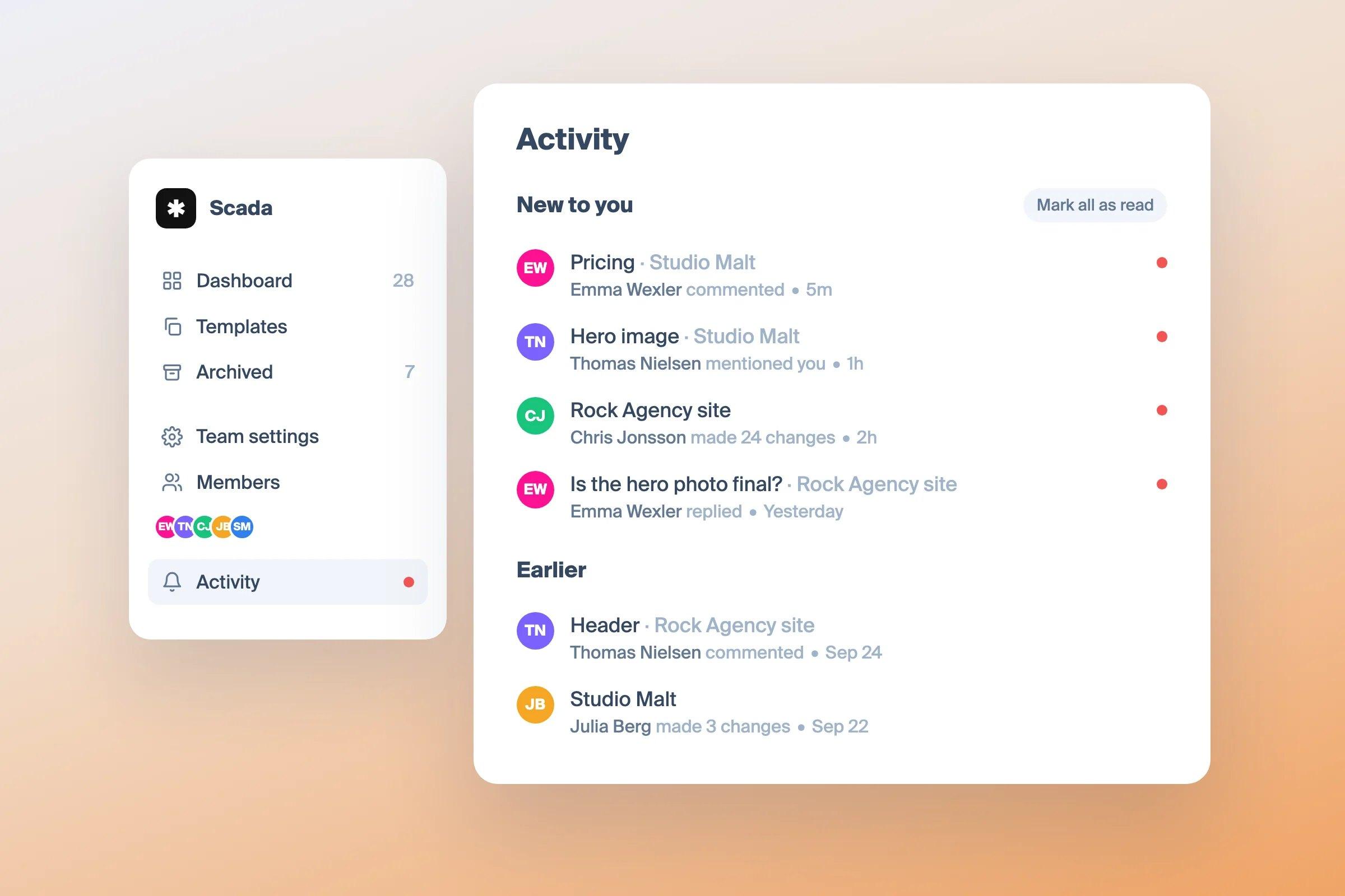 The Activity page in the Octopus.do dashboard: new comments, mentions, replies and changes in your projects, with unread rows marked by a dot